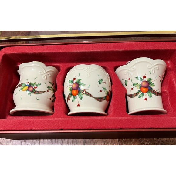 Lenox Holiday Tartan 3 Votive Candle Holders Different Vase Shapes New Open Box - Picture 6 of 10